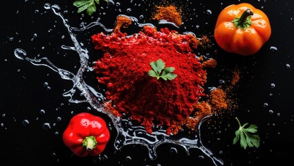 Poster - Vivid red paprika droplets dispersing in dark water