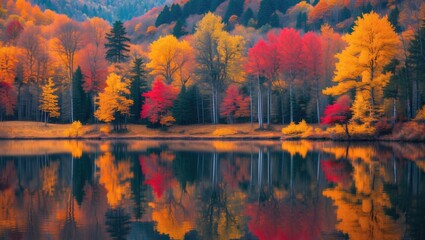Poster - Vibrant fall foliage mirrored on the water's surface