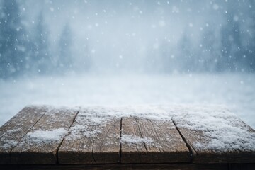 Poster - Chilly weather scene featuring a worn-out table covered in snow
