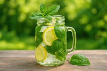 Aufkleber - Refreshing citrus beverage with mint, basil, and ice in a jar