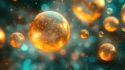Wall Mural - Fiery, glowing orbs float in a teal-dark background, dotted with sparkles