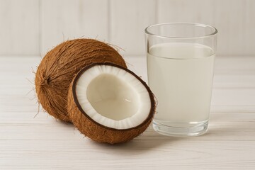 Aufkleber - Cracked coconut and refreshing coconut water served in a glass on a wooden surface with selective focus