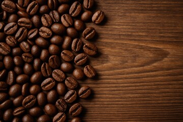 Poster - Coffee beans scattered on rustic wooden surface