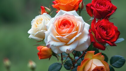 Poster - Vivid close-up of a multicolored rose with red, white, and orange petals against lush greenery