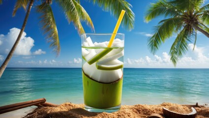 Aufkleber - Refreshing coconut water with a stunning seaside backdrop