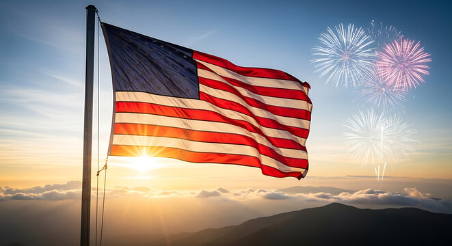 Waving Flag With Night Fireworks