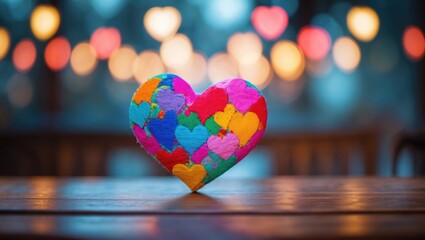 Poster - Vibrant heart resting on a rustic wooden surface with soft glowing lights, romantic greeting card scene. Bokeh effect in the background.