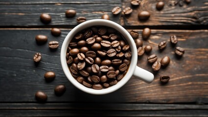 Poster - Coffee beans arranged in a cup against a rustic wooden surface