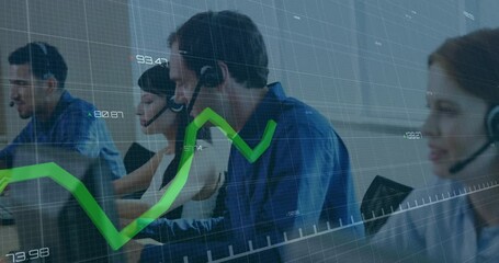 Poster - Call center agents monitoring live data feed for metrics with grid overlay tracing green graph