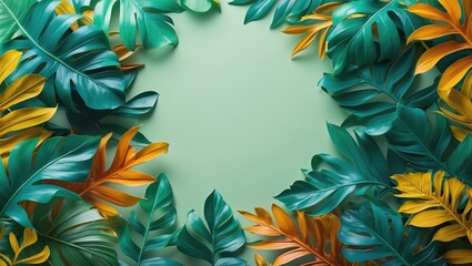 Poster - Vibrant tropical foliage against a soft pastel green backdrop. Minimalist summer-inspired design with ample space for content. Artistic arrangement of nature elements. Border framing. Overhead banner