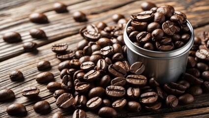 Poster - Coffee beans arranged in containers against a wooden textured background