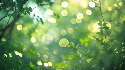 Poster - Abstract blurred nature background with bokeh for creative designs. Green leaves bokeh out of focus background from nature forest. Green Nature spring and natural light in blur style with copy space.