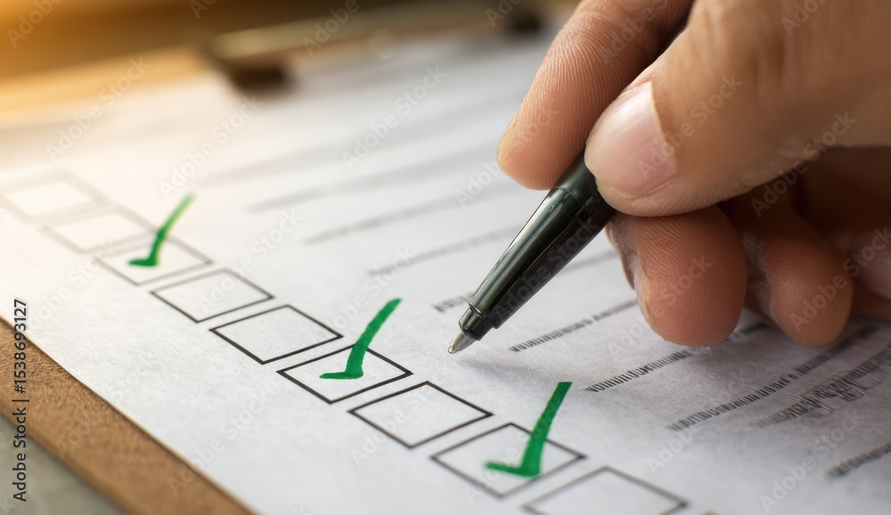 A persons hand holding a pen marks a checklist with green checkmarks ...