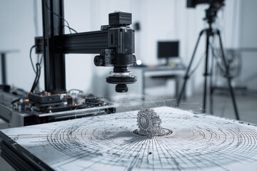 Fototapete - A structured light 3D scanner is capturing a detailed scan of a small mechanical part on a turntable. The scanning lines and projection patterns are clearly visible.