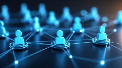 Poster - Blue human icons connected by glowing lines on a dark background, symbolizing digital networking and communication.