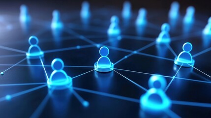 Poster - A digital network of interconnected human icons glowing in blue, representing social connections and communication in a virtual environment.