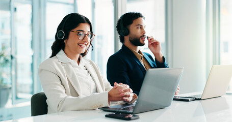 Aufkleber - Business woman, call center and laptop with communication for customer service, coworking and talk with client. Discussion, contact us and consultant with colleague by PC for CRM, inbound or help