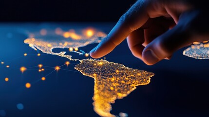 Poster - A hand interacts with a glowing digital map highlighting South America and connecting nodes, symbolizing technology and global connectivity.