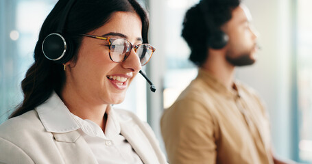 Aufkleber - CRM, solution or happy woman in call center for consulting, communication or loan advice. Virtual assistant, coworking or FAQ in online customer service for help, financial inquiry or credit limit