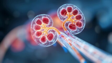 Poster - Medical animation showing glowing human kidneys with semi transparent tissues, highlighting their complex structure and function within the urinary system