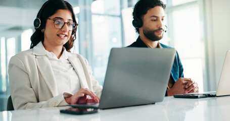 Aufkleber - Woman, call center and laptop with contact us for customer service, coworking and talk with client. Discussion, communication and female consultant with colleague by pc for CRM, inbound or help desk