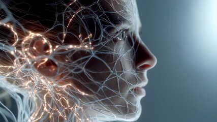 Aufkleber - Glowing connections illuminate a woman's neural network, symbolizing recovery and reorganization after psychosis, offering a visual representation of mental health and healing