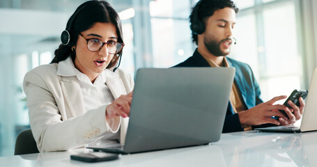 Aufkleber - Woman, contact center and laptop with headset for phone call, discussion and customer support with coworking. Female consultant, explain or online FAQ by pc with help desk employee and colleague