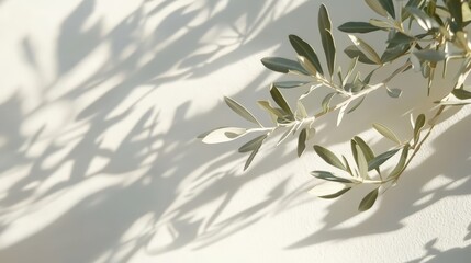Poster - Olive tree branches casting soft shadows on a white wall, creating a calm and natural aesthetic.