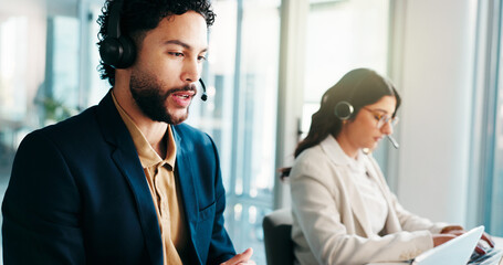 Aufkleber - Call center, consultant and man coworking on computer for debt collection, loan or question. Agent, speaking and communication with headset for financial credit, account balance or payment reminder