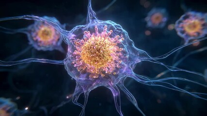 Poster - Microscopic view of epstein barr viruses infecting b lymphocyte cells, showcasing biological processes and viral infection mechanisms within human body