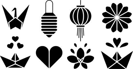 Aufkleber - Black and white origami crane paper boat lantern flower heart vector design illustration icon set art 100 editable stock vector illustration