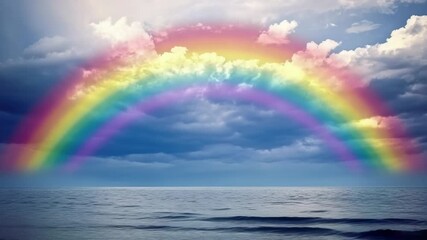Aufkleber - A colorful rainbow stretches across the calm surface of a lake, with cloudy skies above