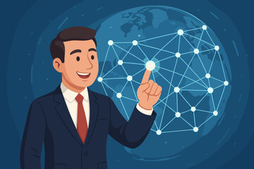 Poster - Businessman touching a glowing node on a digital global network. Concept of worldwide business, technology, communication, and innovation. Man in suit interacting with a virtual interface.