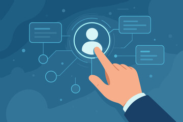 Poster - Businessman hand touching user icon on a futuristic digital interface. Concept of CRM, user management, UI, UX design, data access, personalization, and technology innovation.