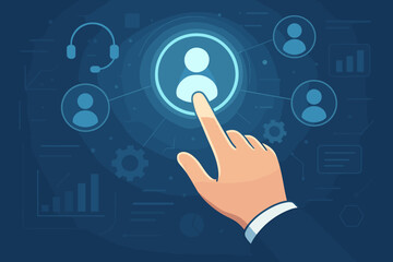Poster - Businessman hand selecting user icon on a digital screen. Customer Relationship Management (CRM) and Human Resources (HR) concept. Business technology interface with analytics and support icons.