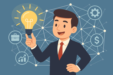 Poster - Innovative businessman holding a bright lightbulb, symbolizing a new idea. Creative thinking, business strategy, and insight concept. Solution for financial growth and startup success.
