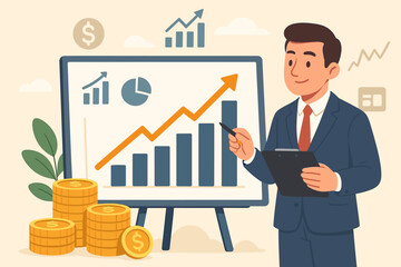 Poster - Business growth and financial analysis concept. Businessman giving a presentation with a rising arrow graph on a whiteboard. Investment strategy for profit, success, and market data.