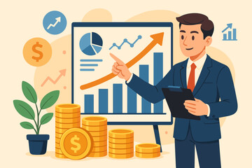 Poster - Financial analyst presents business growth and successful investment strategy. Man with clipboard points to rising chart and data report. Concept of profit, revenue, and market analysis.