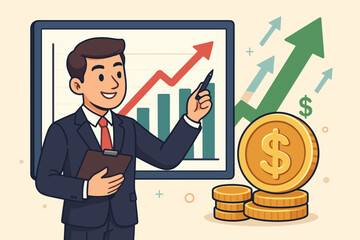 Poster - Business growth concept. Financial analysis presentation. Businessman pointing at chart. Profit increase. Investment success. Up arrow graph. Money coins. Sales report. Cartoon vector.