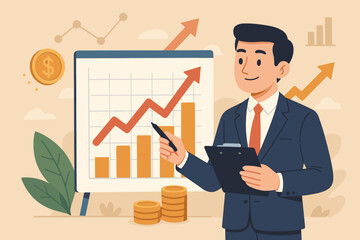 Poster - Businessman analyzing financial growth chart. Presentation of business success and profit increase. Investment strategy concept with data visualization, bar graph, and rising arrow.