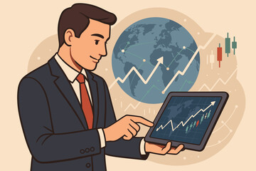 Poster - Businessman analyzing stock market data on a tablet. Global finance and investment concept with earth globe and growing chart. Vector illustration of trading and economic growth.