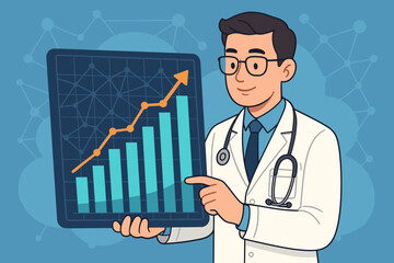 Poster - Healthcare data analysis concept with doctor presenting medical statistics. Physician showing a growing bar chart with upward arrow, symbolizing hospital progress, success, and finance.