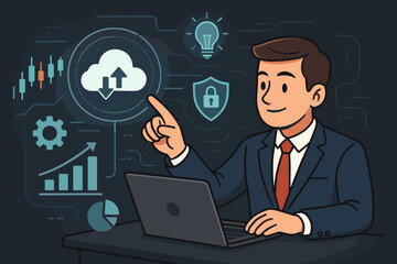 Poster - Businessman presents digital innovation strategy with cloud computing, data security, and analytics. Concept of corporate growth, fintech, and modern technology management vector.