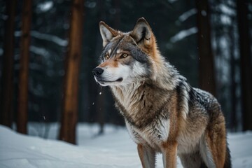 Naklejka na meble Majestic Wolf Portrait in Snowy Winter Forest Environment