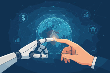 Poster - Fintech and AI concept. Human and robot hands connection. Future of global finance and business. Digital transformation, investment, banking technology on a network background.