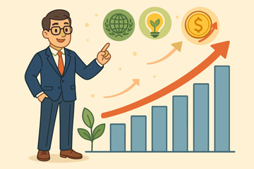 Poster - Businessman presents successful growth plan and financial report. Bar chart with arrow up shows profit. Icons for global business, ESG, and innovation. Corporate strategy.