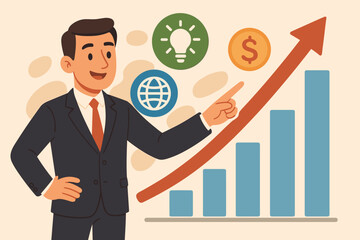 Poster - Businessman presents a successful growth plan and business strategy. Financial analysis with rising bar chart and arrow up. Concepts of investment, profit, innovation, and global market.