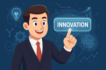 Poster - Businessman touching innovation button on futuristic virtual screen. Business concept of new idea, strategy, solution, and growth. Technology background with lightbulb and chart.