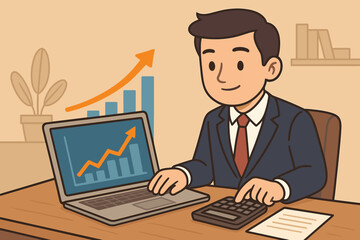 Poster - Cartoon businessman analyzing financial growth on a laptop. Vector illustration of investment success, stock market analysis, profit calculation, and business strategy concept.