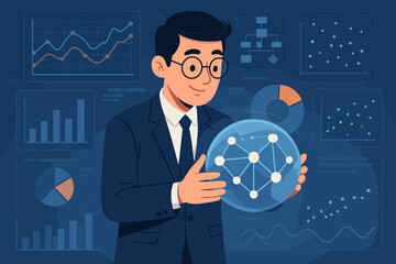 Poster - Data science and analytics expert holding a network sphere. Business intelligence concept with a man in front of a futuristic dashboard with charts, graphs, and market statistics.